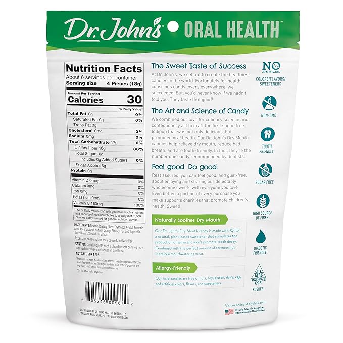 Dr. John's Healthy Sweets Orange Dry Mouth Drops with Zero Sugar, Dye-Free, Plant Based, Keto Friendly, 24 Count, 3.85oz Bag