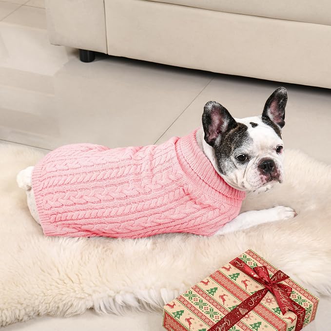 Dog Sweater 2 Pack for Medium Dogs, Size M, Pink & Red | Stretchy cable knit turtleneck, machine washable, high belly cut, comfy winter fit for French Bulldog, Pug