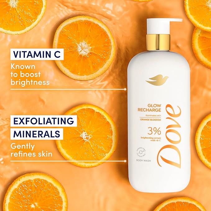 Dove Serum Body Wash Glow Recharge illuminates & Exfoliates skin with brightening Vitamin C Serum 18.5 Fl Oz (Pack of 4)