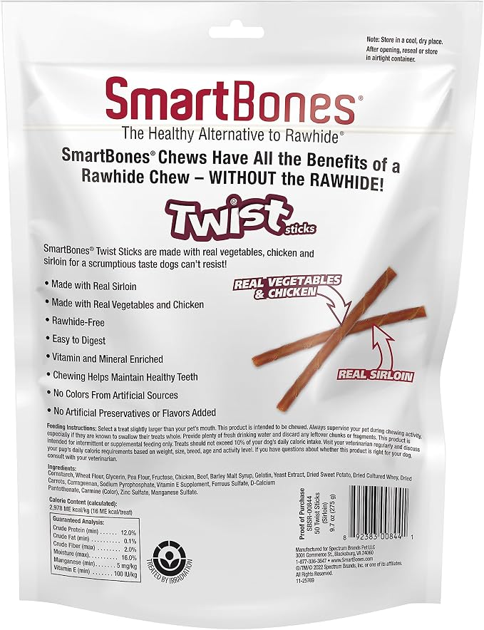 SmartBones Twist Sticks Rawhide-Free Dog Treats, Real Sirloin, 50 Count | With Real Sirloin & Chicken, Easy To Digest Chew, No Artificial Preservatives or Flavors, For Adult Dogs