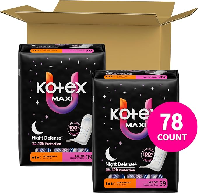 Kotex Overnight Maxi Pads, 78 Count (2 Packs of 39)(Packaging May Vary)