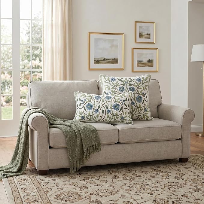 Designer Linen Throw Pillow Cover,Set of 2,20"x12"-Mosella A | French Elegant Rectangle Decor Pillow Cover,Concealed Zipper Design,Floral Pattern,Sofa,Bedroom,Living Room,Lounge Chairs