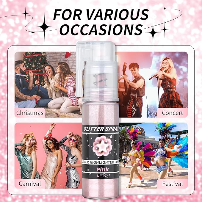 Pink Body Glitter Spray, Shiny Glitter Spray for Hair Body and Clothes, Long-Lasting Sparkle, Holographic Ultra Fine Shimmer Powder Glitter Hairspray for Rave Prom Makeup Halloween Crafts