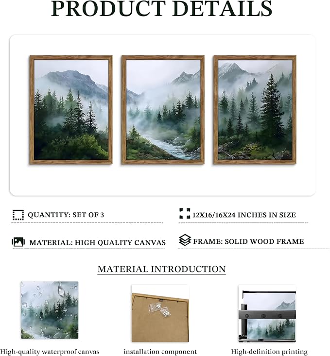 Framed Forest Wall Art Set of 3, Misty Mountain Landscape Canvas Wall Decor Paintings, Nature Tree River Scenery Artwork Prints Pictures for Living Room Bedroom Office 16x24 Inch