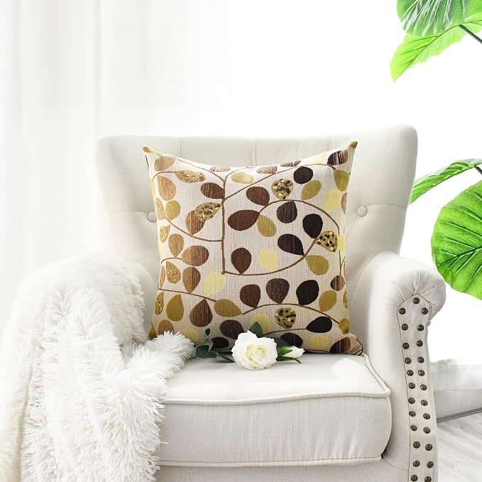 CaliTime Decorative Throw Pillow Covers 16 X 16 Inches Ecru Brown | Luxury Chenille Cute Leaves Cushion Case Shell for Couch Sofa Bed Living Room Home
