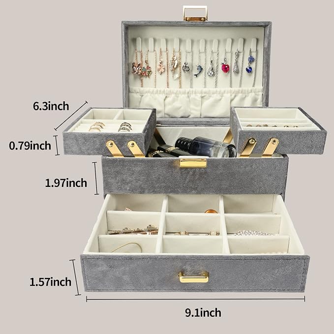 Jewelry Organizer Box, Large Velvet Jewelry Boxes for Women Girls, Space-Saving 3 Layers Jewelry Storage Case with Drawer, Movable Metal Stand, Modern, Gift Idea (Grey)