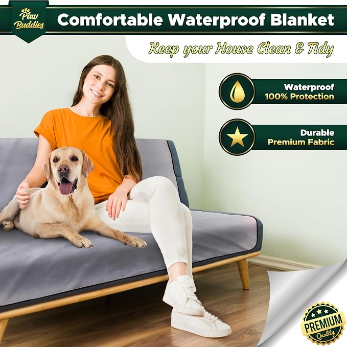 Paw Buddies Waterproof Blanket King Size 80"x90" for Dogs, Pets, Bed & Couch, Reversible Velvet-Feel Throw, Leakproof Machine Washable Furniture Protector + Bonus Small Blanket