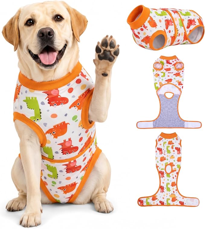 PetWarm Dog Neuter Recovery Suit, Onesie for Dogs After Surgery, Professional Dog Recovery Shirt Abdominal Wounds Bandages Substitute E-Collar and Cone, Dinosaur Pattern, Yellow, 2XL