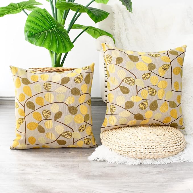 CaliTime Decorative Throw Pillow Covers 20 X 20 Inches Ecru Gold | Luxury Chenille Cute Leaves Cushion Case Shell for Couch Sofa Bed Living Room Home