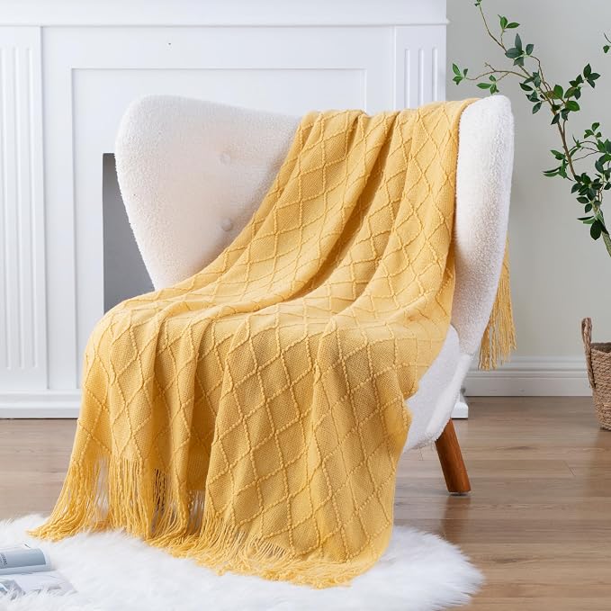 BATTILO HOME Mustard Throw Blanket with Fringe Geometric Bed Gold Yellow Throws Breathable Decorative Large Throw for Couch Sofa Indoor Outdoor (Mustard, 50"x60")