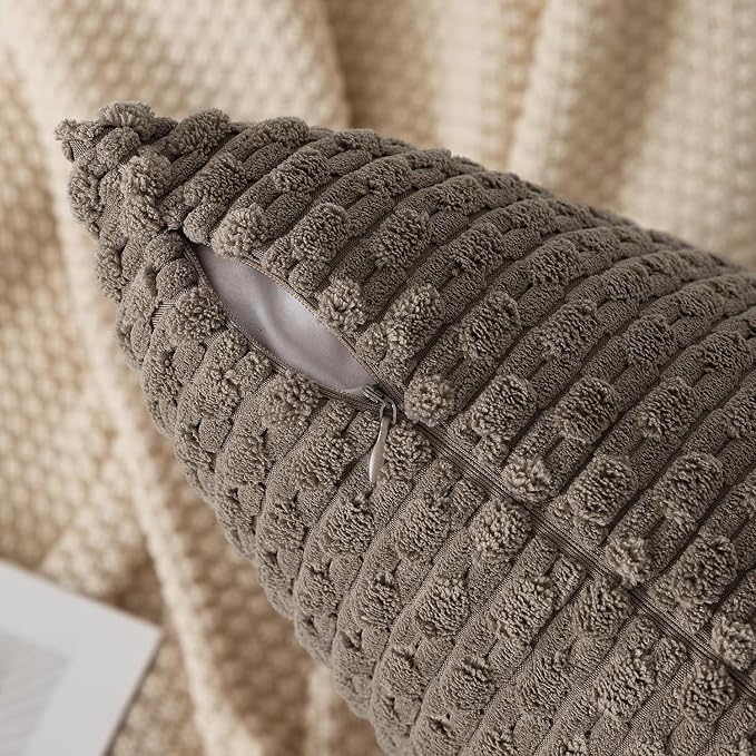 Kevin Textile Soft Corduroy 14"x36" Lumbar Pillow Cover 1 Pack, Light Brown | Boho Stripe Plush Corduroy Decorative Oblong Cushion Cover Modern Farmhouse Home Decor for Sofa Couch Bed Chair