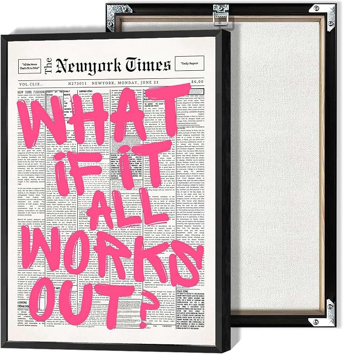 Drimiler Retro Newspaper Pink Font Poster What If It All Works Out Canvas Wall Art Positive Affirming Quote Minimalist Prints Painting For Home Bedroom Dorm Wall Decor 24x36in Framed
