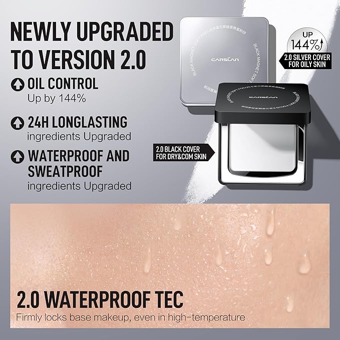 CARSLAN 2.0 Black Magnet Soft Focus Powder, Waterproof Translucent Pressed Setting Powder, 24H Longlasting Talc-Free Face Powder, Oil Control Compact Makeup,04 Light Beige For Dry&Com Skin, 0.28Oz