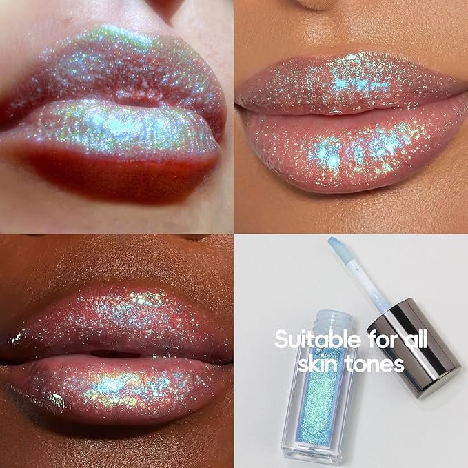 Blue Green Glitter Lip Gloss Liquid Lipstick, Moisturizing Holographic Multichrome Shimmer Tinted Lips Stain Oil Diamond Metallic Lip Gloss, Long Lasting High-Shine Glimmer Lips Makeup05