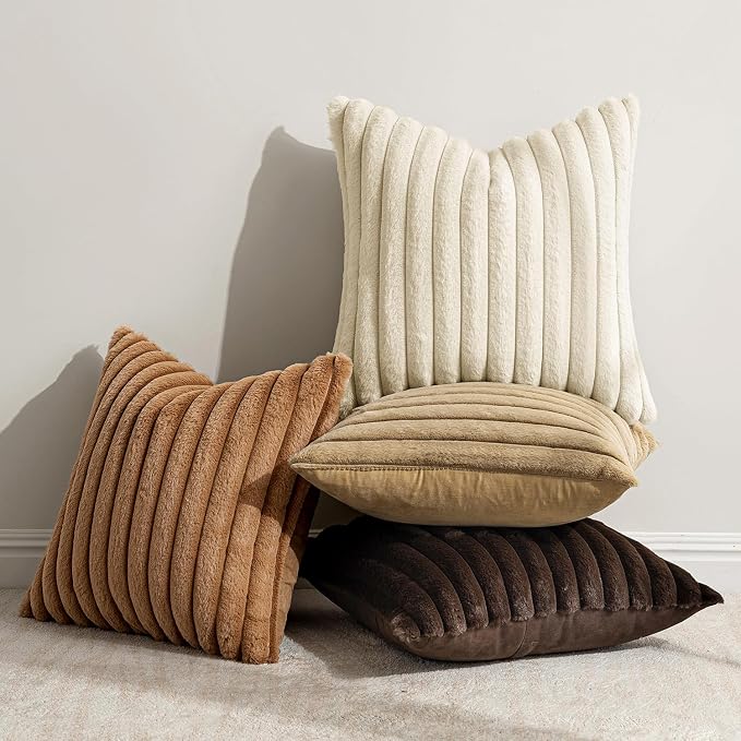 MIULEE Faux Fur Plush Decorative Throw Pillow Covers 18x18, Brown | Set of 4, Fall, Striped, Soft Boho Farmhouse Rustic Home Decor, Cushion Cases for Sofa Couch Bed Living Room