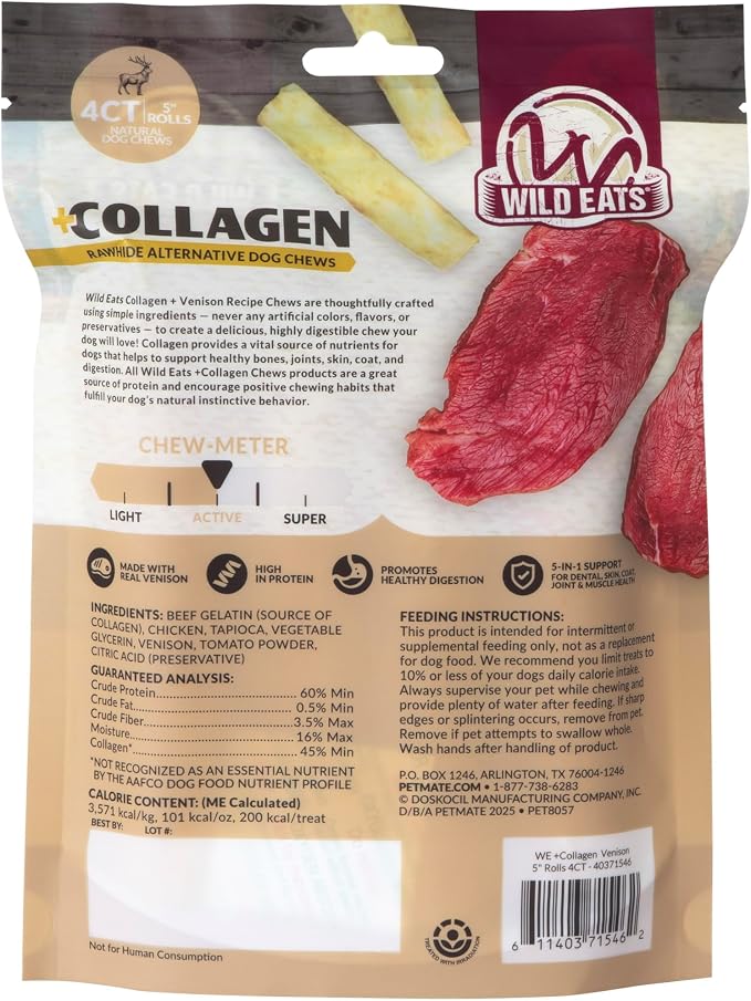 Wild Eats Venison Flavor Collagen Cheek Roll 5" Chew 4pk Pig Ear Substitute | Long lasting treats and bones for medium dogs, retriever style texture, 4 per bag, satisfies natural gnawing urges daily