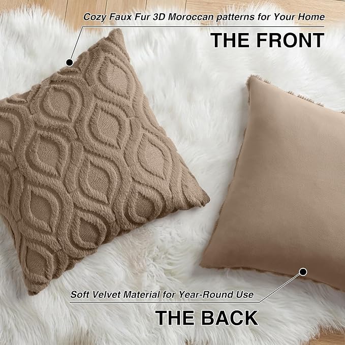 decorUhome Faux Fur Soft Light Brown Throw Pillow Covers 26x26 Set of 2 | Plush Solid Fall Couch Pillow Covers, Accent Modern Farmhouse Neutral Decorative Square Pillow Cases for Sofa Bed Living Room