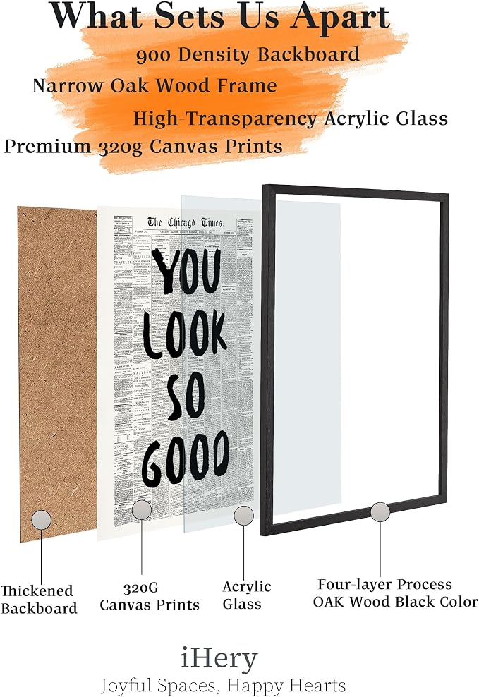 iHery 16x20in You Look So Good Framed Newspaper Inspirational Wall Art | Premium Black OAK Wood Frame with Canvas Print, Vintage Newspaper Decor for Bedroom, Dorm, Vanity Room Living Room, 1Pack