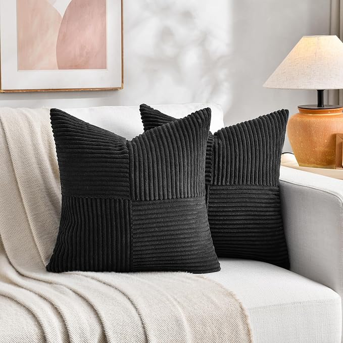 Fancy Homi Set of 1 Black Square Decorative Throw Pillow Covers 14x14 Inch for Living Room Bedroom Couch Bed Sofa, Soft Striped Corduroy Modern Rectangle Accent Cushion Case 35x35 cm