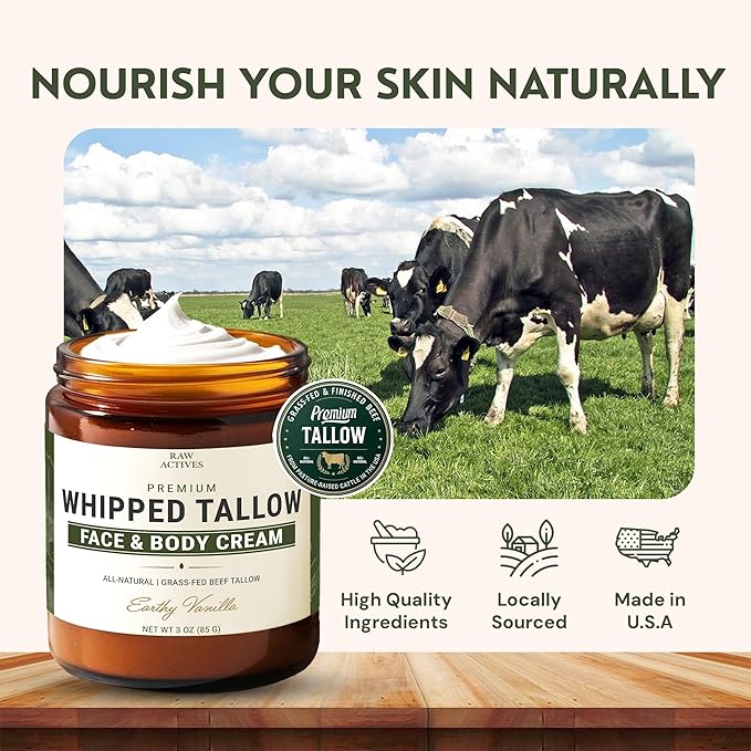 Beef Tallow for Skin Care - 100% Grass Fed Grass Finished - with Organic Jojoba, Prickly Pear, Rosehip, Tamanu Oils, Neroli, Vanilla & Manuka Honey - 3oz