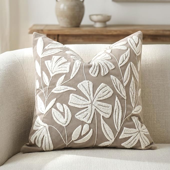 Decorative Throw Pillow Cover 20x20, Light Taupe Velvet Accent Cushion Cover for Couch Sofa Living Room, Floral Tufted Square Pillowcase (Cover Only)