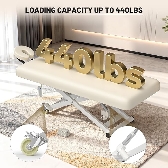 Electric Massage Table Bed - Facial Spa Treatment Table, Esthetician Bed with Wheel, Hand & Foot Pedal Dual Control Adjustable Height 440lbs, Professional Salon & Beauty Spa Use (Beige)