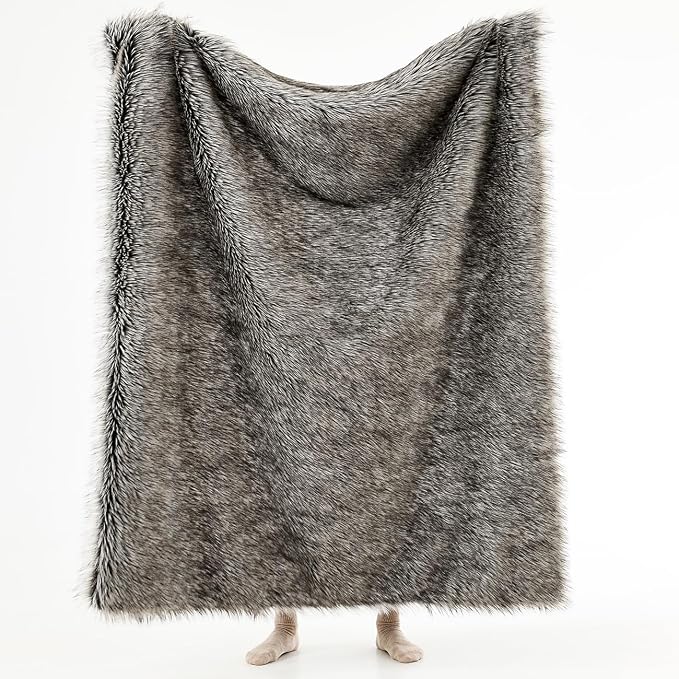 HORIMOTE HOME Luxury Plush Faux Fur Throw Blanket, Long Pile Grey with Black Tipped Blanket, Super Warm, Fuzzy, Elegant, Fluffy Decoration Blanket for Couch, Armchair, Sofa and Bed, 60''x 80''