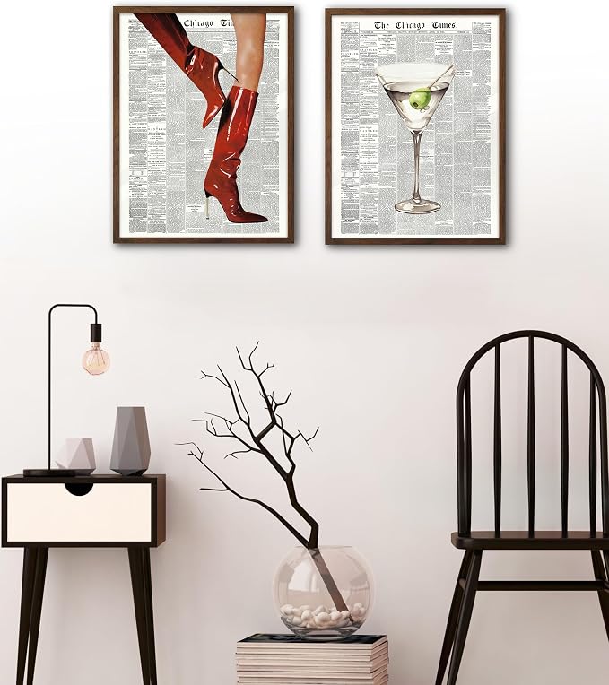 EcoHest 12x16 in Red Boots Newspaper Framed Wall Art | Walnut Color Solid Oak Frame, Canvas Wall Art, Fashion Magazine Wall Decor for Bedroom, Apartment, Dorm, College Room, 1Pack