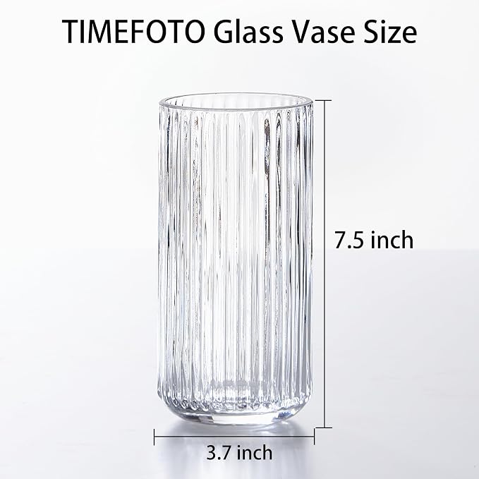 Clear Glass Flower Vase for Pampas Grass, 7.5 inch Medium Decorative Centerpiece Ribbed Vase for Dining Table, Office Desktop, Shelf Bookshelf, Mantel, Entryway, Bathroom, Countertop, Farmhouse, Gift