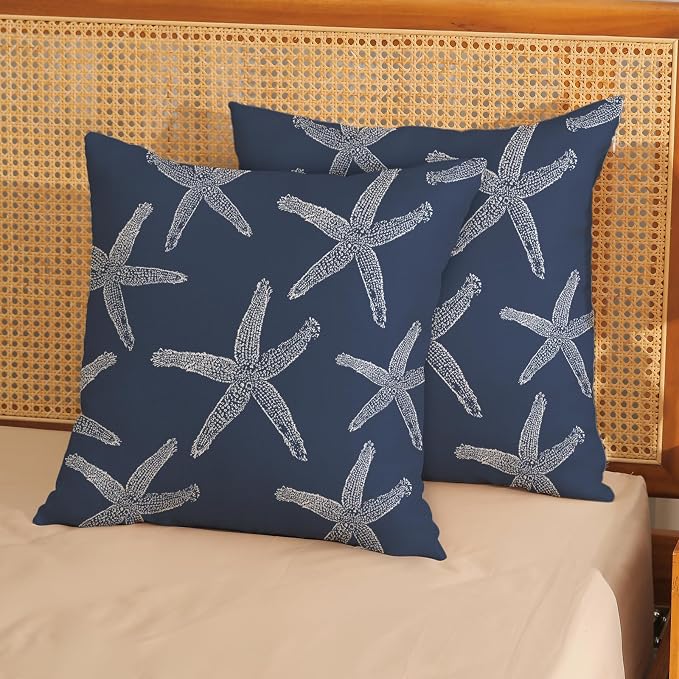 Navy Blue Starfish Pillow Covers 18x18 Inch Set of 2 Coastal Throw Pillows Summer Nautical Ocean Theme Decorations Beach Pillowcase Linen Outdoor Decor Farmhouse Cushion Case for Home Bedroom