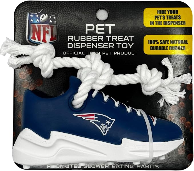 Pets First NFL New England Patriots Cleat Sneaker Spike Dog Toy, Football Treat Dispenser Chew Toy for Dogs, Interactive Rope Tug Toy, Slow Feeder Natural Rubber Dog Toy with Official Team Logo