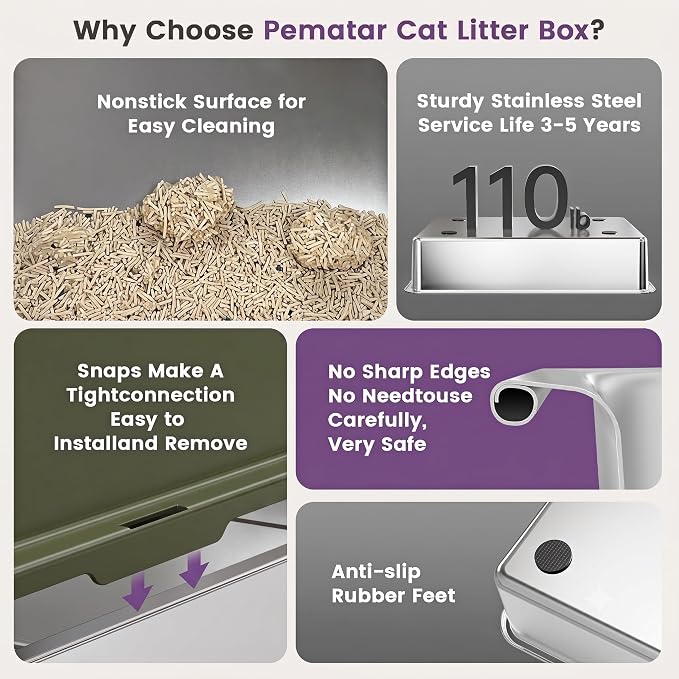 XXXL Stainless Steel Cat Litter Box with Lid, 26" L x 18" W x 12" H Metal Litter Box with High Sides for Big Cats & Multiple Cats, Never Absorbs Odors, Anti-Urine Leakage, Easy Cleanin(Green)