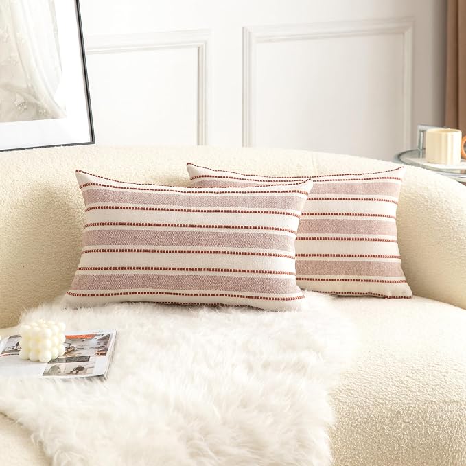 Cethom Decorative Boho Lumbar Throw Pillow Covers, Farmhouse Textured Pillow Case, 12 x 20 Inch Set of 2, Chair Sofa Bedroom Living Room Home Decor Couch Cushion Case, Rust and Beige Striped