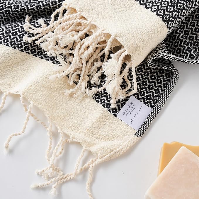 BAY LAUREL Turkish Hand Towel – Pack of 2 | Soft & Absorbent Decorative Towels for Bathroom, Hand, Face, Hair, Gym, Yoga, SPA, Kitchen & Tea | Boho Decor (Black, Diamond 15x26 Inches (Set of 2)