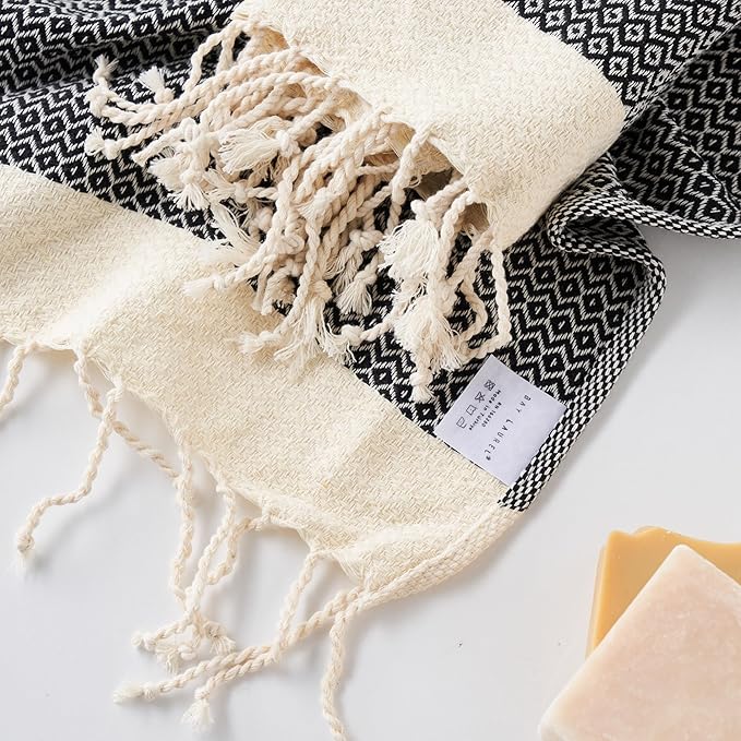 BAY LAUREL Turkish Hand Towel – Pack of 2 | Soft & Absorbent Decorative Towels for Bathroom, Hand, Face, Hair, Gym, Yoga, SPA, Kitchen & Tea | Boho Decor (Black, Diamond 16x40 Inches (Set of 2)
