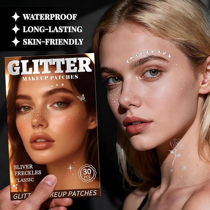 30PCS Glitter Freckles Face Tattoos & Face Gems Set, Classic Silver Glitter Temporary Tattoos Makeup Patches, Fake Freckles Face Glitter for Women’s Rave Outfits & Accessories