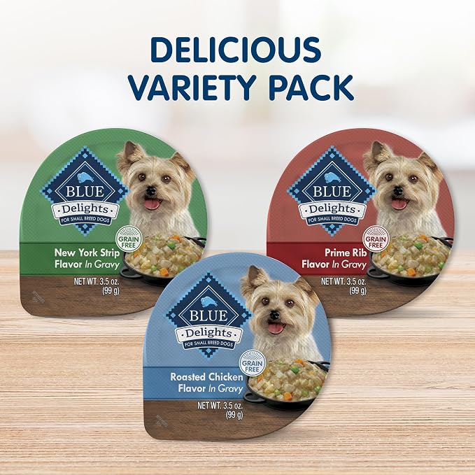 Blue Buffalo Delights Variety Pack Small Breed Wet Dog Food, 3.5 oz, 24 ct | Chicken, Prime Rib & New York Strip (8 of Each), Adult Formula, Grain-Free, No Corn, Wheat, or Soy