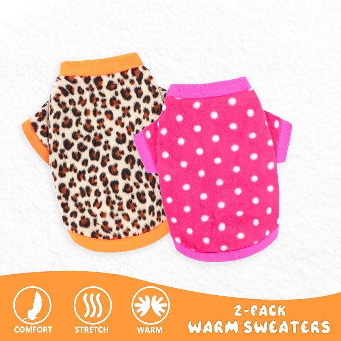 2 Pieces Dog Sweaters for Small Dogs Girl Fleece Puppy Sweater for Teacup Chihuahua Yorkie Clothes Soft Warm Dog Clothes Doggie Pet Outfit Apparel Polka dots Leopard Print, XXS