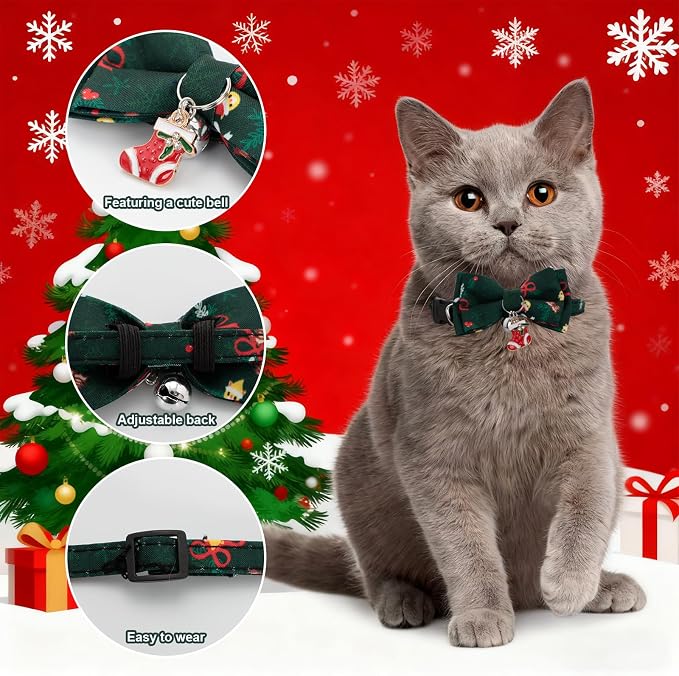 2 Pack Christmas Cat Collars with Bow Tie & Bell, Green & Pink Breakaway Kitten Collar, Adjustable Safety Holiday Collar for Girl Boy Cats