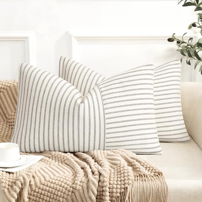 YCOLL Farmhouse Pillow Covers 12x20, Modern Accent Lumbar Throw Pillow Covers Set of 2, Grey and Beige Striped Patchwork Linen Decorative Pillows Cushion Covers for Couch Chair Bedroom Home Decor