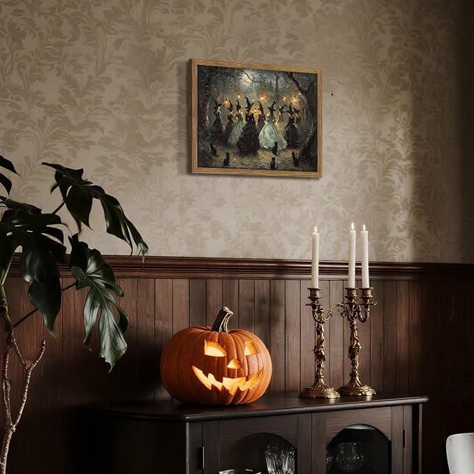 Framed Vintage Halloween Witches Wall Art, Dark Academia Gothic Black Cat Painting Canvas Prints, Halloween Wall Decor, Coven of Witches Dancing Scene Forest Poster for Living Room 12x16in