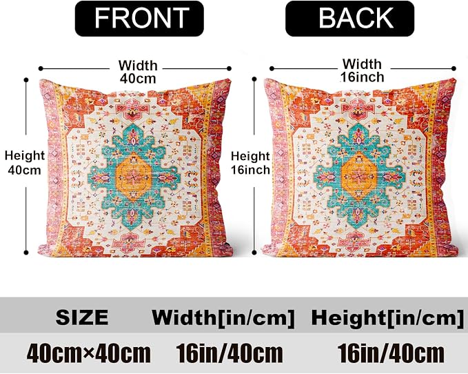 Boho Throw Pillow Covers 16x16 inch Set of 2,Soft Pillowcases Bohemia Carpet Pattern Decorative Sofa Living Room Bed Square Pillow Case Cushion Cover-Reddish Orange