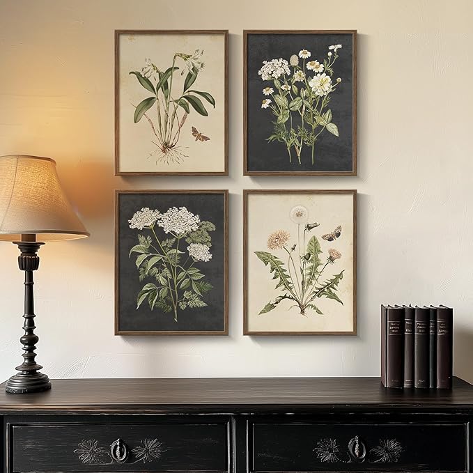 Framed Vintage Botanical Floral Wall Art for Bedroom, 4 Piece 11x14 In | Farmhouse wall decor, Flower pictures, Rustic retro paintings, Ready to hang canvas prints, Kitchen bedroom living room decor