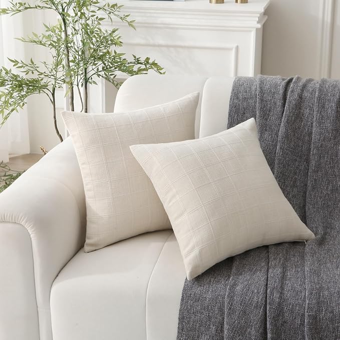 18" x 18" Decorative Throw Pillow with Inserts, Set of 2 Modern Neutral Farmhouse Vintage Throw Pillows, Square Boho Pillow for Couch, Bed, Sofa Decor (Beige, 18" x 18"(Pack of 2))