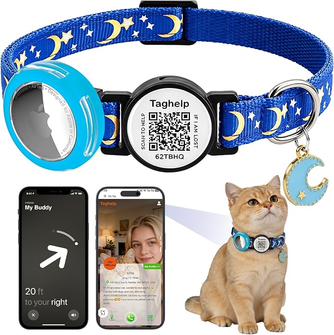 Waterproof Airtag Cat Collar Breakaway with Bell,Moon and Stars Pendant,Reflective Kitten Collar with Apple Airtag Holder,Safety Buckle for Girl Boy Cats,Pet Supplies,Accessories,Gifts (Blue B)