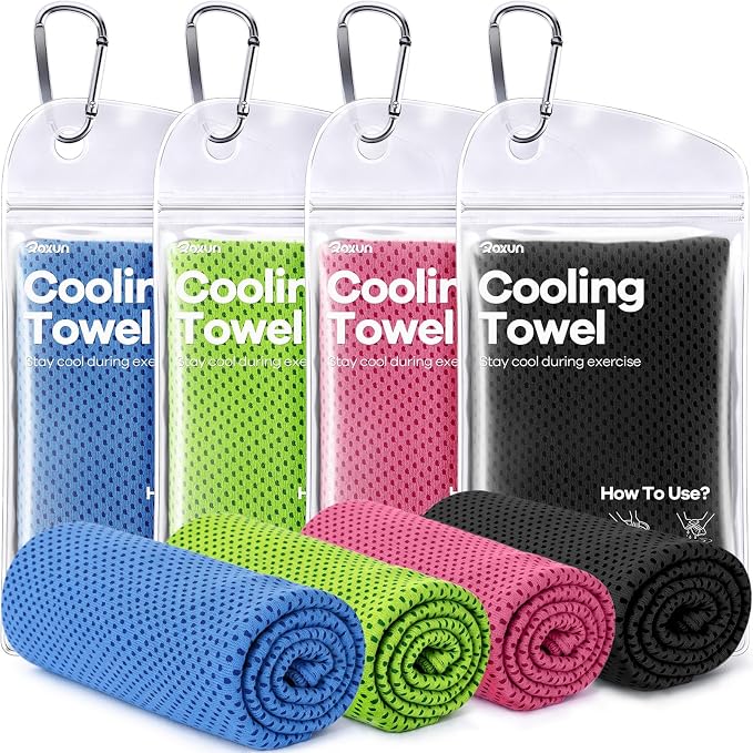 ROXUN 4 Pack Cooling Towels, 40''x12'' Soft Breathable Chilly Neck Ice Rags | Workout Running Golf Blue+Pink+Green+Black