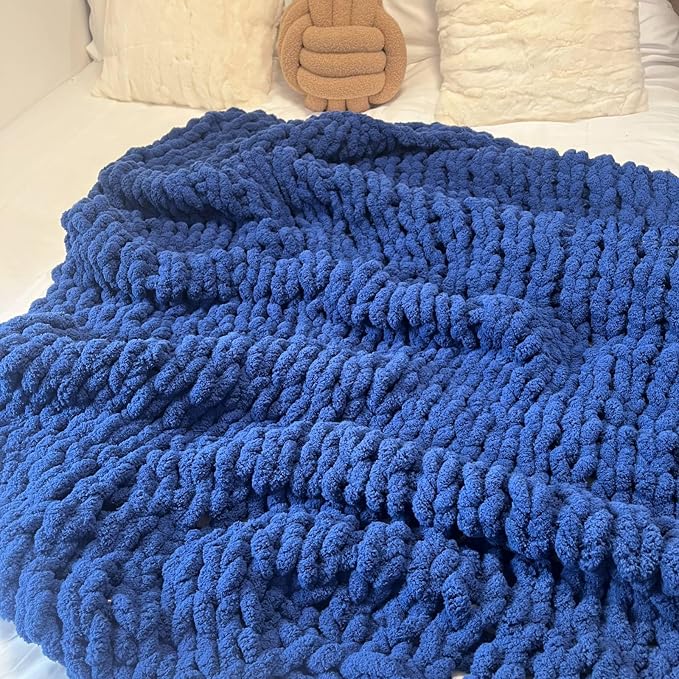 Soft Chunky Knit Throw Blanket for Couch, Cozy Warm Knitted Blankets | Hand Knit with Jumbo Chenille, Lightweight Warm Fluffy Decor for Women, Mom, Her & Girls, Sofa, Chair, Bed,40"×40"(Navy Blue)