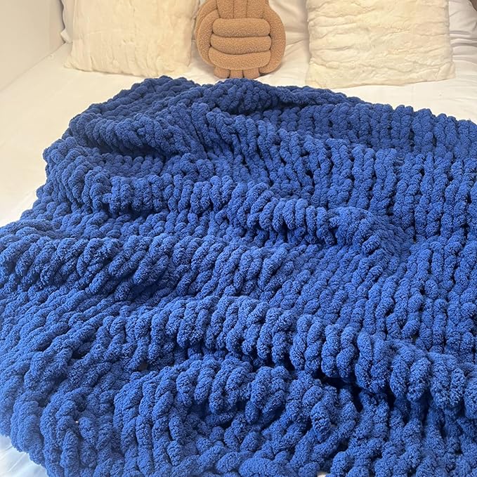 Soft Chunky Knit Throw Blanket for Couch, Cozy Warm Knitted Blankets | Hand Knit with Jumbo Chenille, Lightweight Warm Fluffy Decor for Women, Mom, Her & Girls, Sofa, Chair, Bed,48"×71"(Navy Blue)