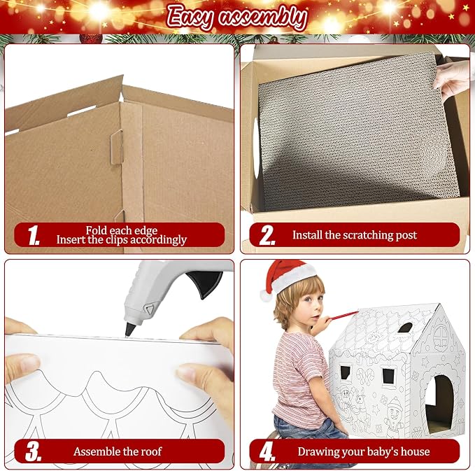 Cinrobiye Christmas Cardboard Cat House with Scratcher DIY Coloring Pet Gingerbread Board Bed Cave Playhouse Hideaway Hideout Condo Decor Animals Scratch Box for Indoor Cats Kittens Rabbits Bunny