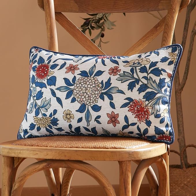 patdrea Designer French Vintage Linen Throw Pillow Cover,12"x20"-Ivar A | Decorative Pillow Cover,Blue and White Floral Pattern,Pillow Case for Couch Living Room Bedroom Sofa Outdoor